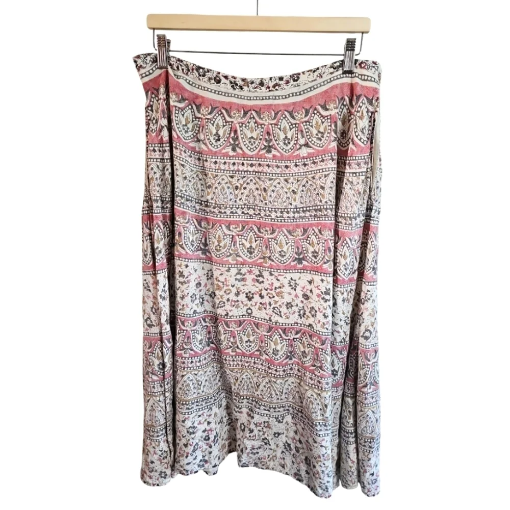 Eddie Bauer L Pink Beige Boho Floral Paisley Midi Skirt 100% Cotton Cottagecore - Picture 2 of 5